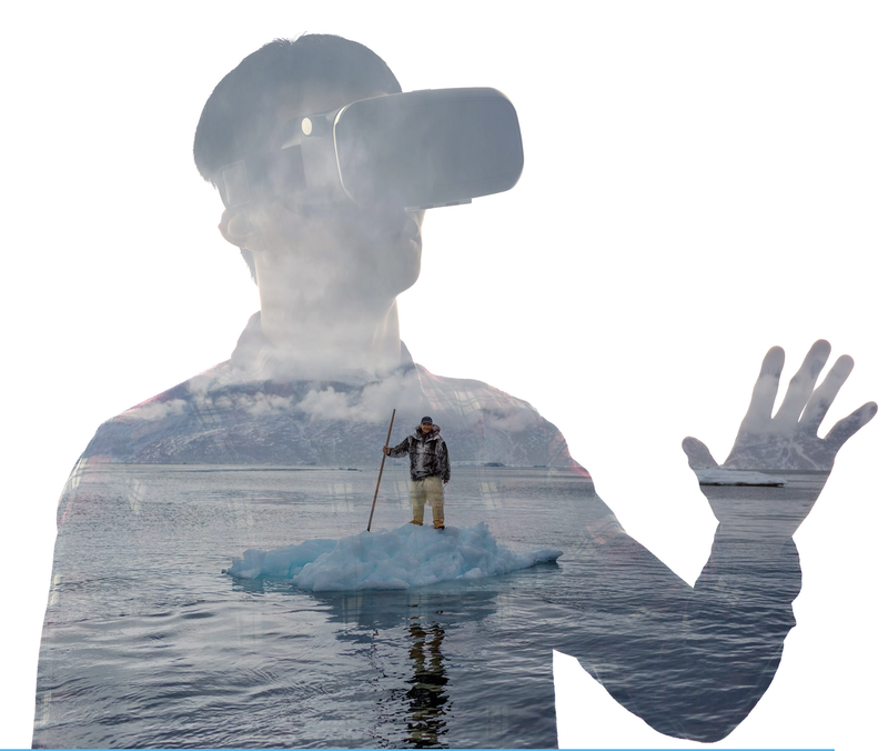 Man with VR headset looking at man on melting glacier